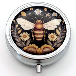 Black Gold Boho Night Botanical Floral Bee Daisies Purse Decorative Pill Box New